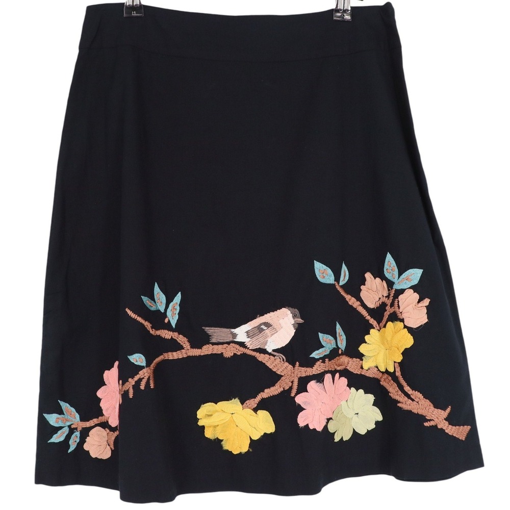 Karen Nicol By Anthropologie Womens Embroidered Sparrow Bird Skirt Size 2 Black